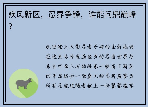 疾风新区，忍界争锋，谁能问鼎巅峰？